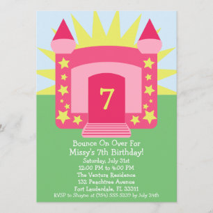 Pink Bounce On Over Bounce House Birthday Party Invitation