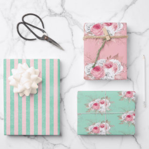 Pink Bouquet & Matching Stripes Wrapping Paper Sheet
