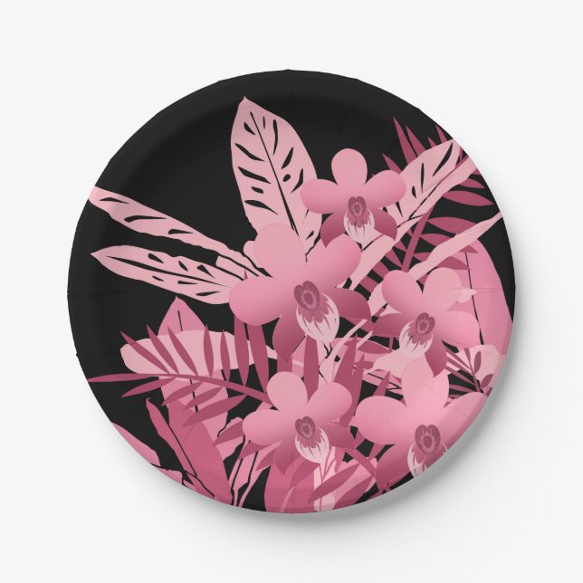 Pink bouquet tropical paper plate (Front)