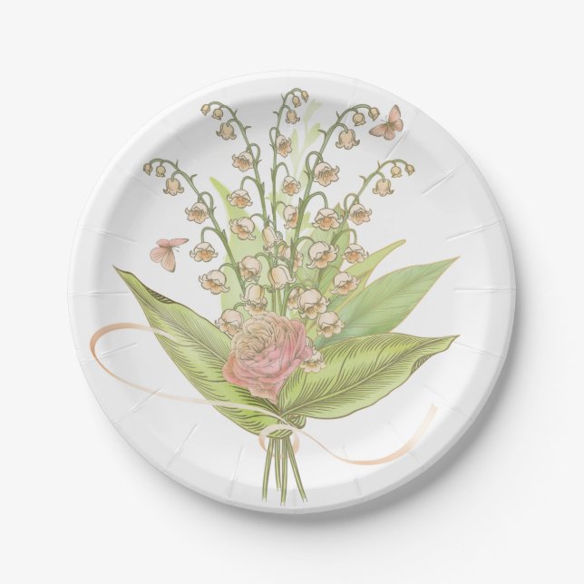 Pink Bouquet Watercolor Flowers Paper Plate (Front)