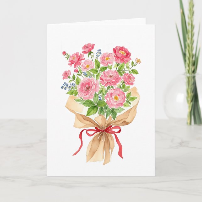 Pink Bouquet Watercolor Stationery Holiday Card (Front)