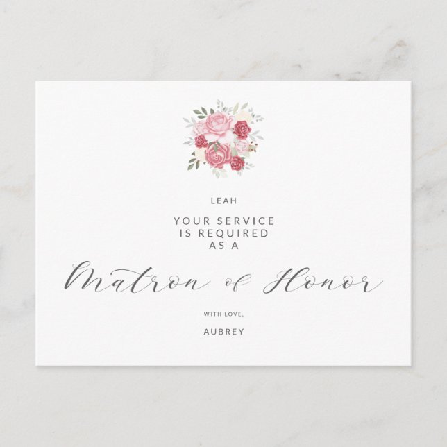 Pink Bouquet Will You Be My Matron Honor Proposal  Postcard (Front)