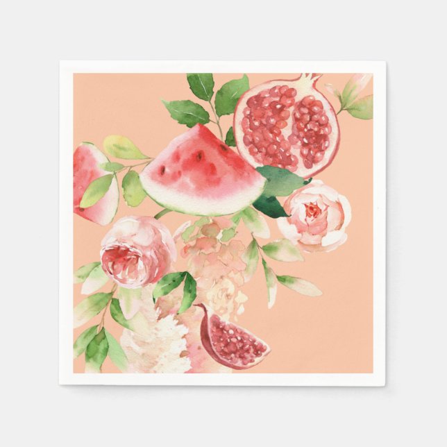Pink Bouquet With Fruit and Foliage Paper Napkin (Front)