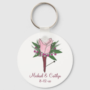 Pink Boutonniere Rose Wedding Groom Best Man Key Ring