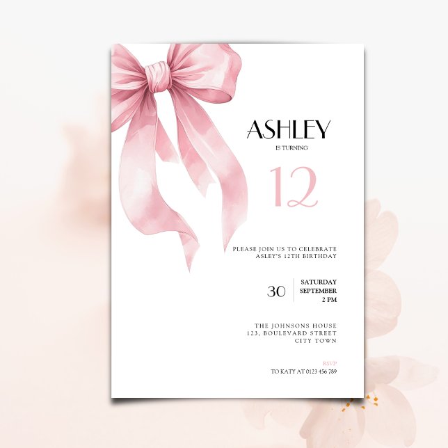 Pink Bow 12th Birthday Invitation for Girls (Creator Uploaded)