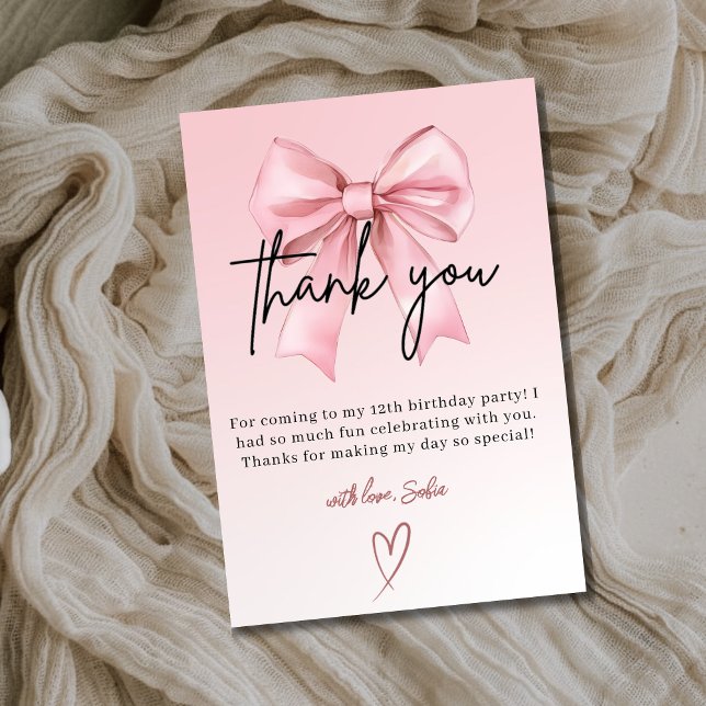 Pink Bow 12th Birthday Thank You Card (Creator Uploaded)