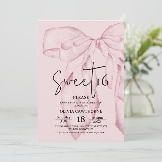 Pink Bow 16th Birthday ⎮Modern Elegant Sweet 16 Invitation (Standing Front)