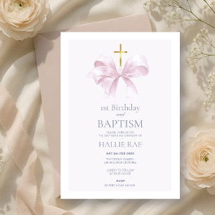 Pink Bow 1st Birthday and Baptism Invitation