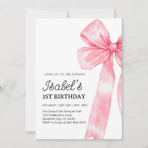 Pink Bow 1st Birthday,Elegant 1st Pink Ribbon Invitation