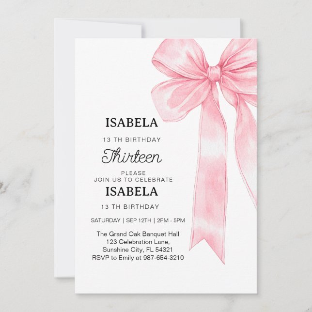 Pink Bow 1st Birthday,Elegant 1st Pink Ribbon Invitation (Front)