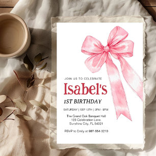 Pink Bow 1st Birthday,Elegant 1st Pink Ribbon Invitation