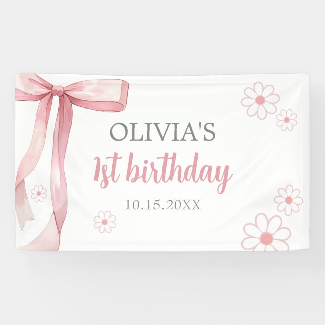 Pink Bow 1st Birthday Girl Banner (Horizontal)