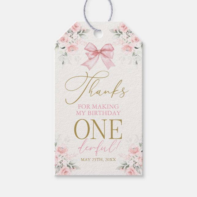 Pink Bow 1st Birthday Girl Gift Tag (Front)