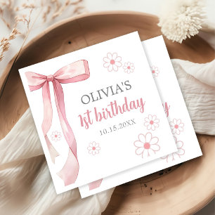 Pink Bow 1st Birthday Girl Napkin