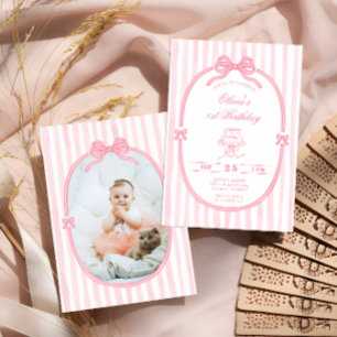 Pink Bow 1st Birthday Girl Photo Invitation
