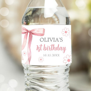 Pink Bow 1st Birthday Girl Water Bottle Label