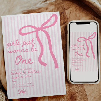 Pink Bow 1st Birthday Girls Just wanna be One Invitation