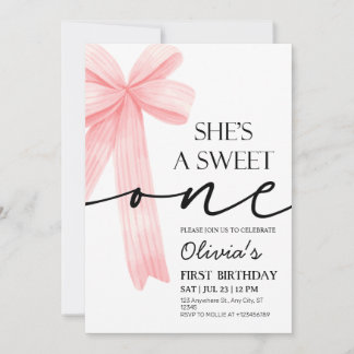 Pink Bow 1st Birthday Invitation