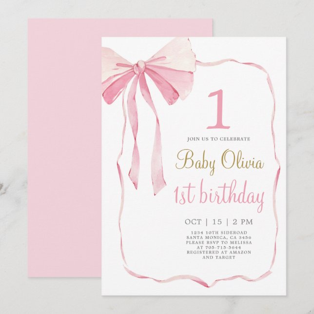 Pink Bow 1st Birthday Invitation (Front/Back)