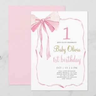 Pink Bow 1st Birthday Invitation