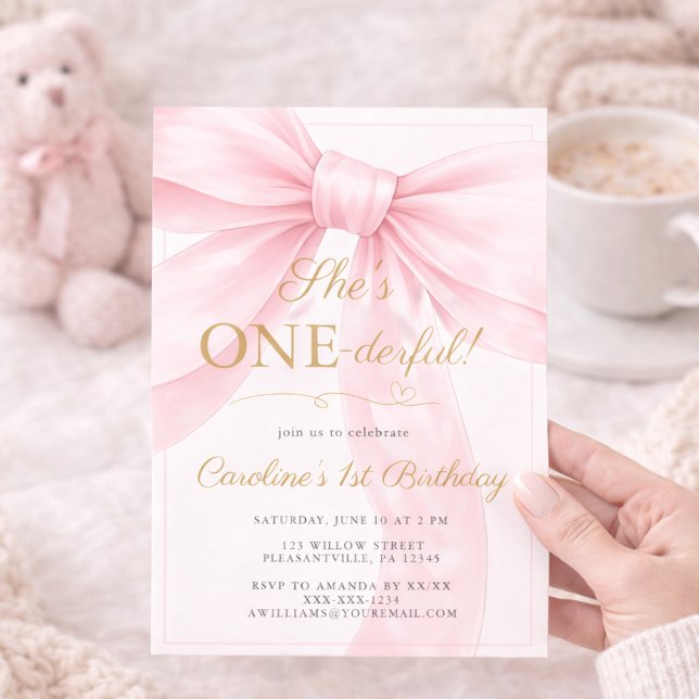 🎀 Pink Bow 1st Birthday Invitation 💕 (Creator Uploaded)