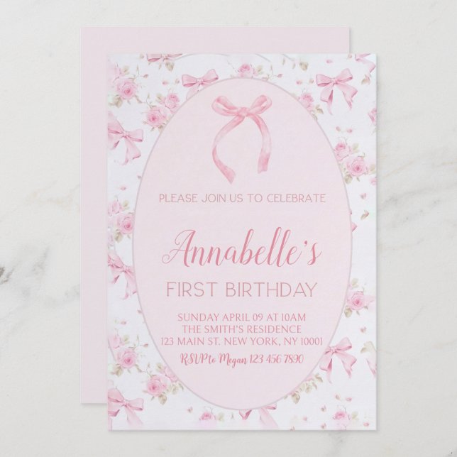 Pink Bow 1st Birthday Invitation, Floral Pink Bow  Invitation (Front/Back)