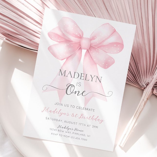 Pink Bow 1st Birthday Invitation, Simple Girl Invitation (Pink coquette bow first birthday invitation)