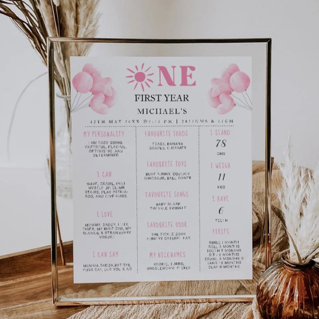 Pink Bow 1st Birthday Milestone Board Poster (Pink Bow 1st Birthday Milestone Board Poster)
