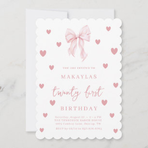Pink Bow 21st Heart Aesthetic Elegant Birthday Invitation