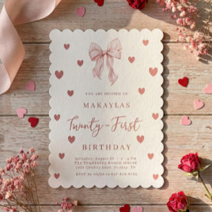 Pink Bow 21st Heart Aesthetic Elegant Birthday Invitation