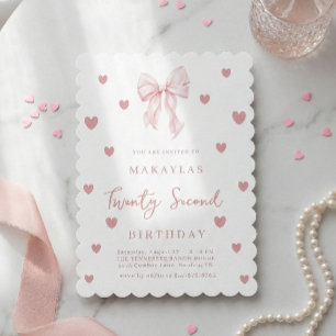 Pink Bow 22nd Heart Aesthetic Elegant Birthday Invitation