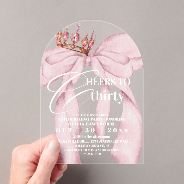 Pink Bow 30th  Birthday Party  Acrylic Invitations (Insitu (Handheld))