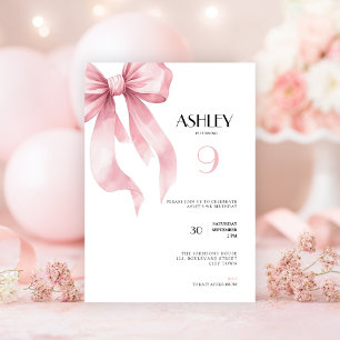 Pink Bow 9th Birthday Invitation for Girls