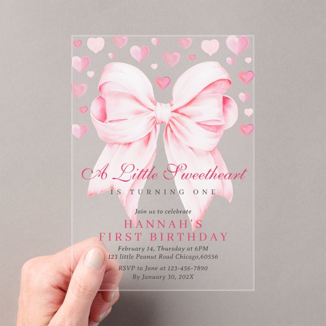 Pink Bow A Little Sweetheart First Birthday Acrylic Invitations (Creator Uploaded)