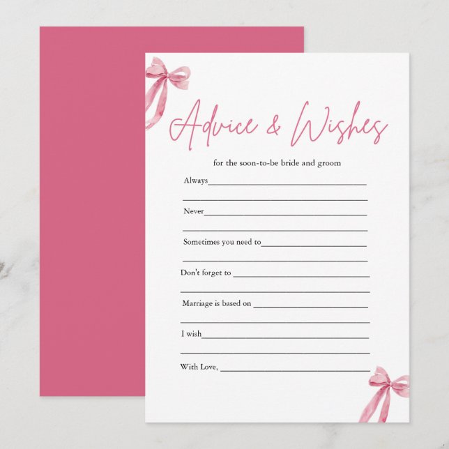 Pink Bow Advice and Wishes Bridal Shower Game Invitation (Front/Back)