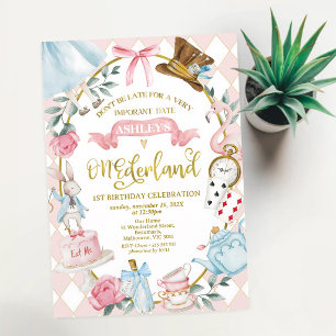 Pink Bow Alice Onederland 1st Birthday Invitation