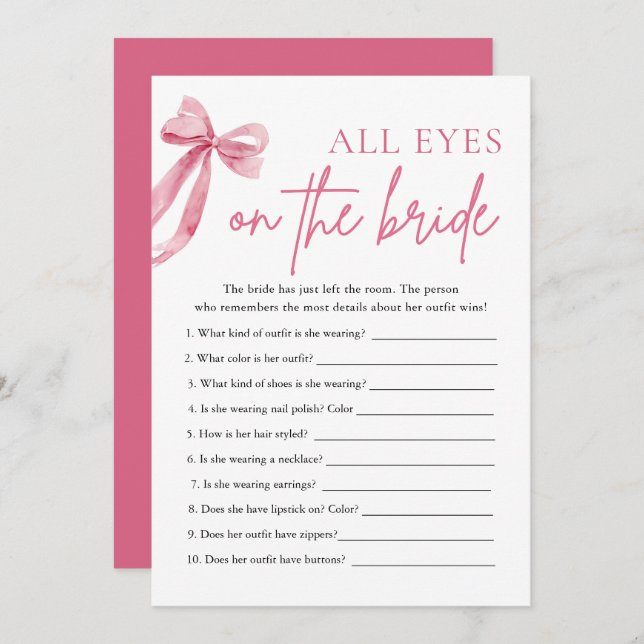 Pink Bow All Eyes On The Bride Bridal Shower Game  Invitation (Front/Back)