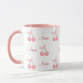 Pink Bow and Cherry Personalised Custom Girl Name Mug