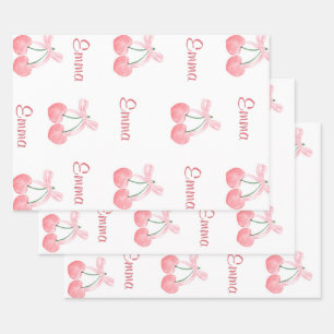 Pink Bow and Cherry Personalised Custom Girl Name Wrapping Paper Sheet