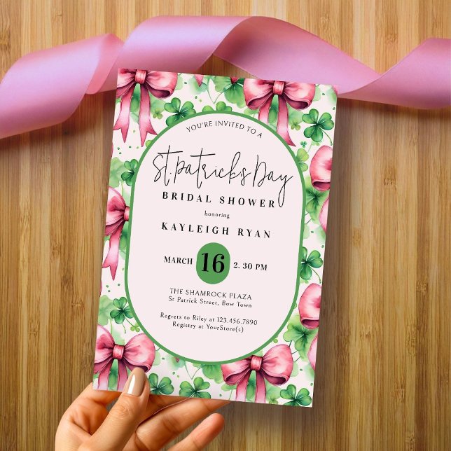 Pink Bow and Clover St Patrick's Day Bridal Shower Invitation (Creator Uploaded)