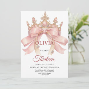 pink bow and crown birthday party invitation