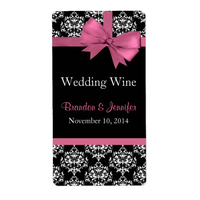 Pink Bow and Damask Wedding Mini Wine Labels (Front)
