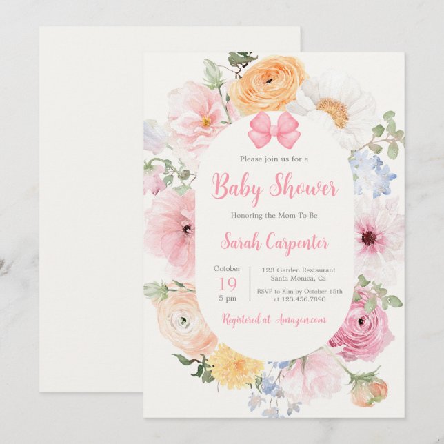 Pink Bow and Floral Baby Shower Girl Invitation (Front/Back)