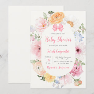 Pink Bow and Floral Baby Shower Girl Invitation
