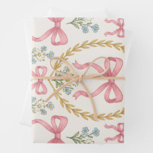 Pink Bow and Floral Wreath Wedding Pattern Wrapping Paper Sheet