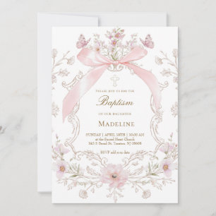 pink bow and flowers frame Baptism girl Invitation