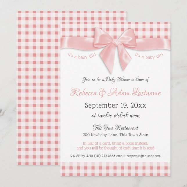 Pink Bow and Gingham Check Baby Shower Invitation (Front/Back)
