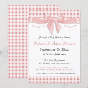 Pink Bow and Gingham Check Baby Shower Invitation