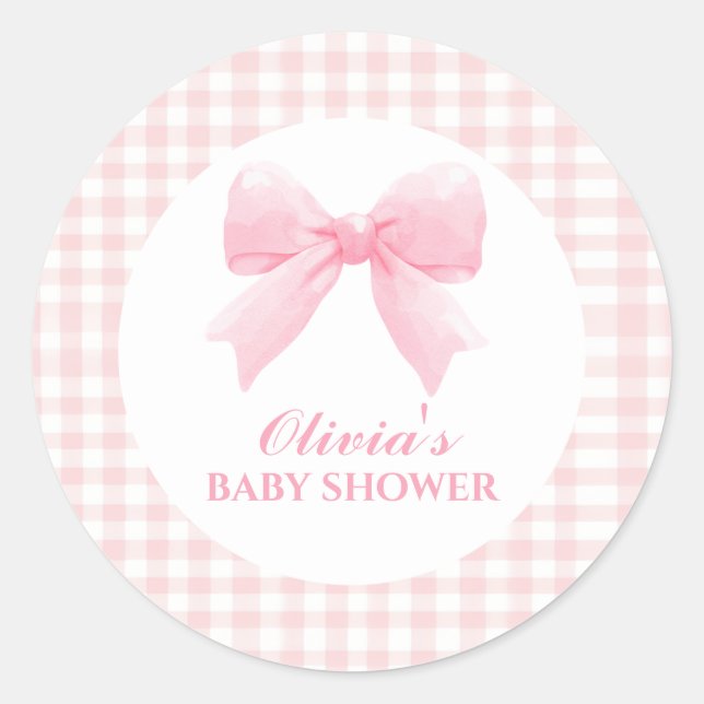Pink bow and gingham preppy baby shower classic round sticker (Front)