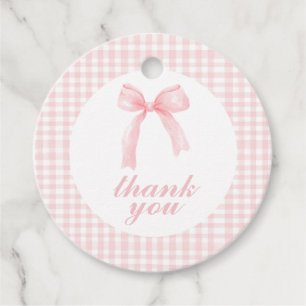 Pink bow and gingham preppy baby shower favour tags